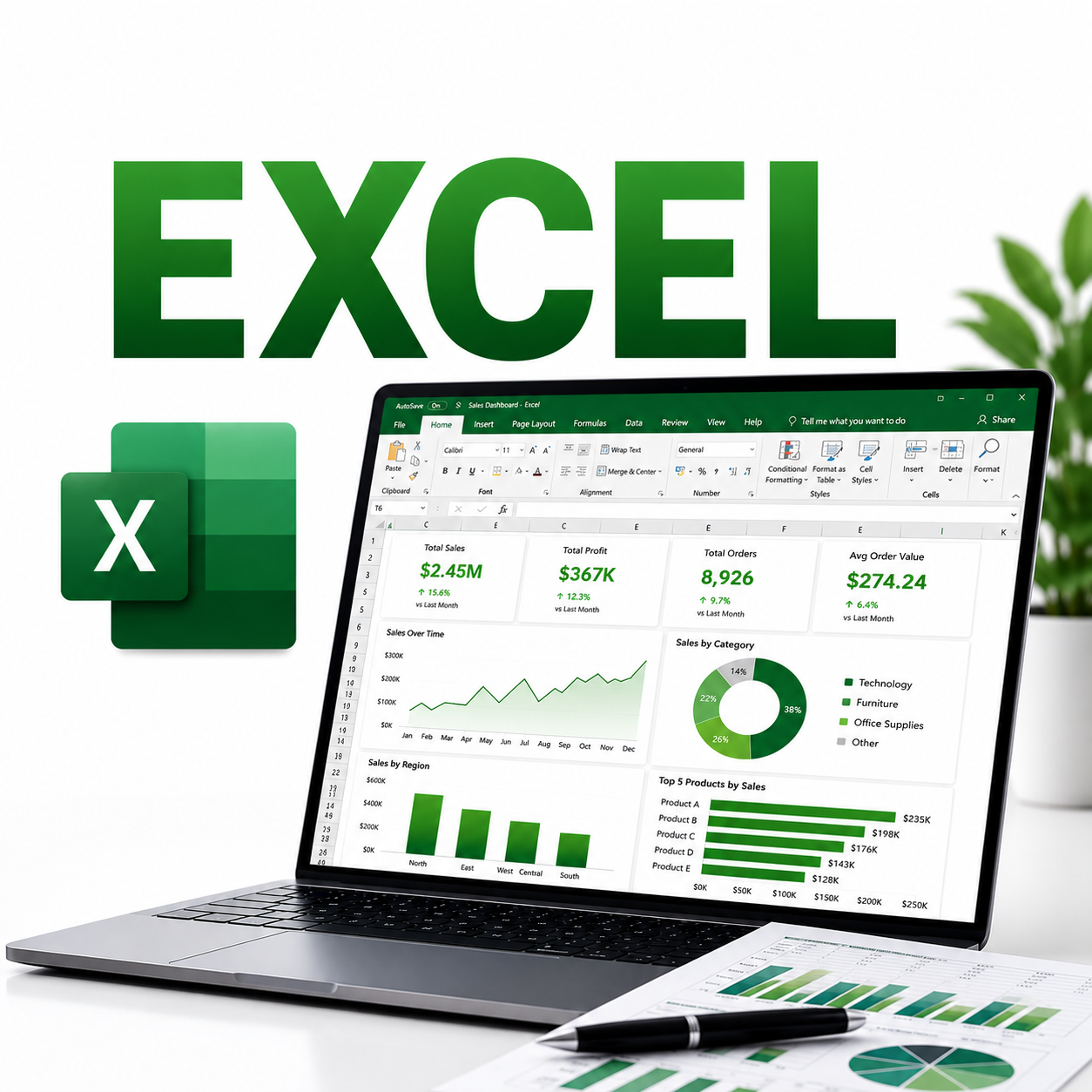 Laptop showing an Excel dashboard with charts and pivot tables