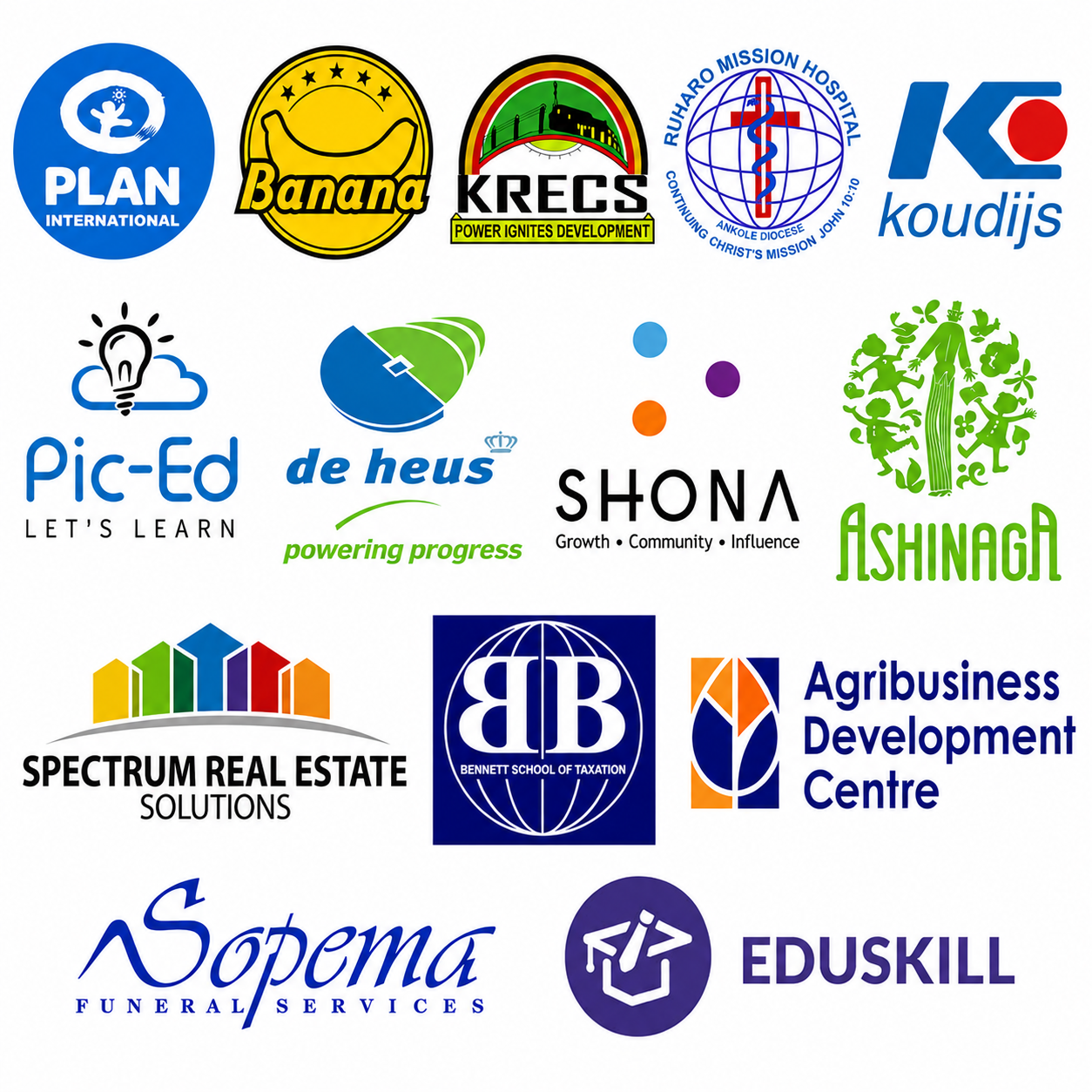 Logos of organizations whose professionals have taken our courses: Plan International, Banana, KRECS, Ruharo Mission Hospital, Koudijs, Pic-Ed, De Heus, SHONA, Ashinaga, Spectrum Real Estate Solutions, Bennett School of Taxation, Agribusiness Development Centre, Sopema Funeral Services, EduSkill