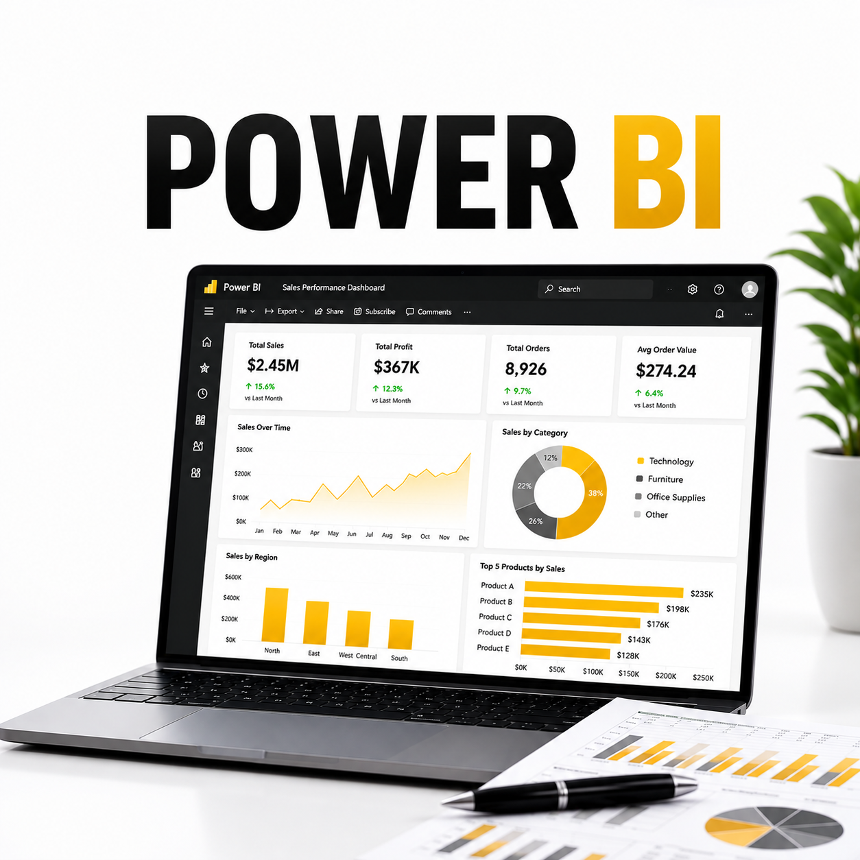 Monitor showing an interactive Power BI business intelligence dashboard